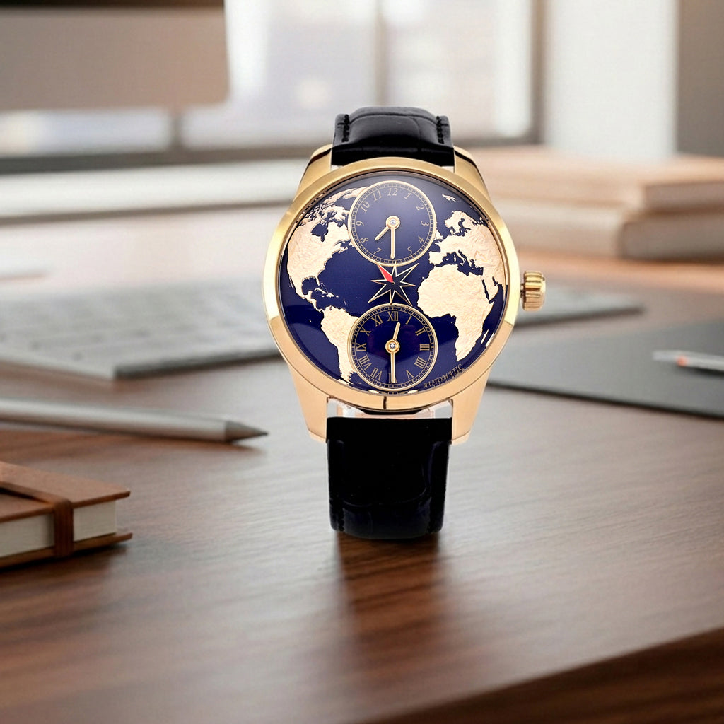 William Hunt Dual Time Automatic Mechanical Movement 5ATM WR 3D Spherical Earth Dial Gold Tone Stainless Steel Case Mens Watch with Black Genuine Leather Strap 8500553 2