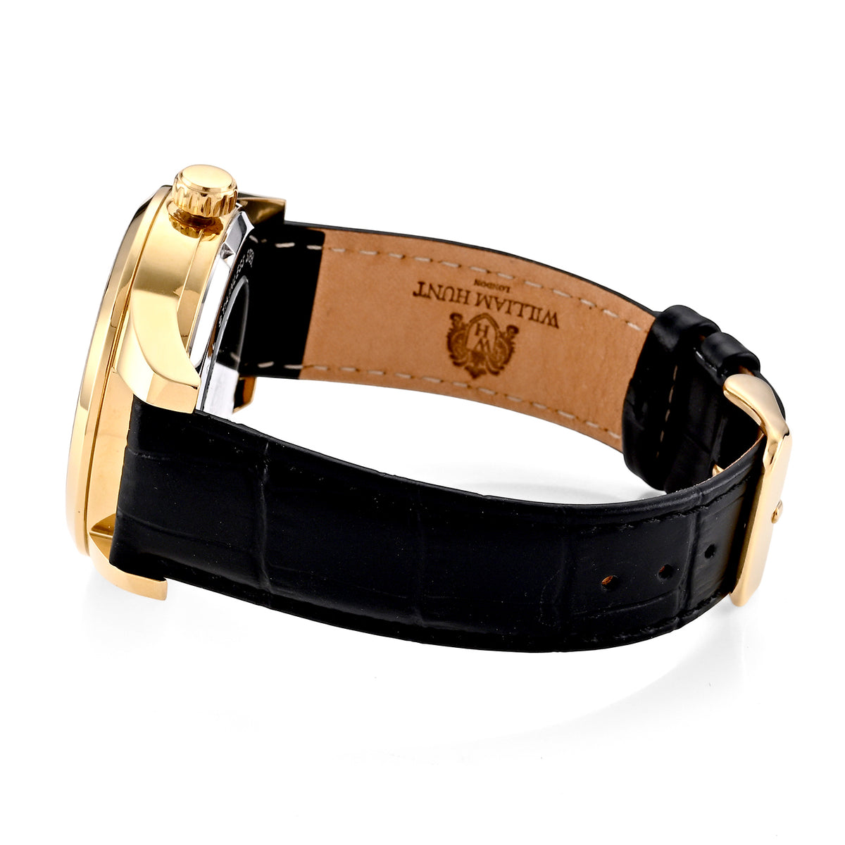 William Hunt Dual Time Automatic Mechanical Movement 5ATM WR 3D Spherical Earth Dial Gold Tone Stainless Steel Case Mens Watch with Black Genuine Leather Strap 8500553 6