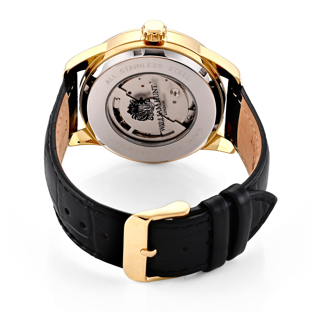 William Hunt Dual Time Automatic Mechanical Movement 5ATM WR 3D Spherical Earth Dial Gold Tone Stainless Steel Case Mens Watch with Black Genuine Leather Strap 8500553 7