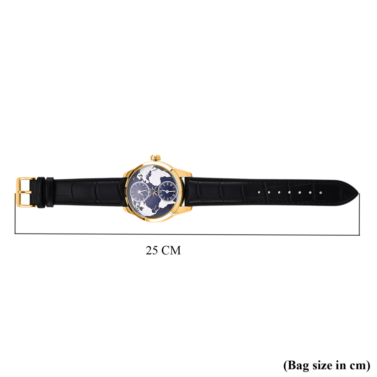 William Hunt Dual Time Automatic Mechanical Movement 5ATM WR 3D Spherical Earth Dial Gold Tone Stainless Steel Case Mens Watch with Black Genuine Leather Strap 8500553 8