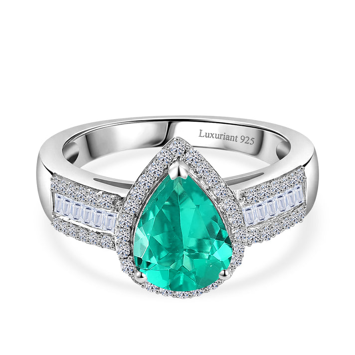 LUXURIANT 1.7 Ct. AAAA Lab Grown Colombian Emerald, Lab Grown Diamond Halo Ring in Rhodium Overlay Sterling Silver (SI-GH) 8500668 1