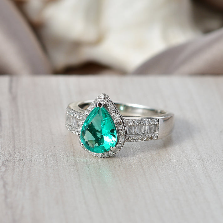 LUXURIANT 1.7 Ct. AAAA Lab Grown Colombian Emerald, Lab Grown Diamond Halo Ring in Rhodium Overlay Sterling Silver (SI-GH) 8500668 2
