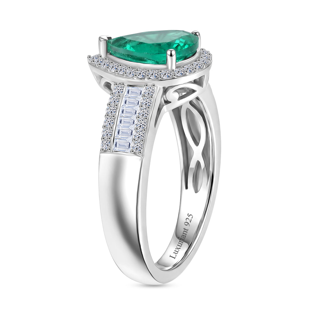 Luxuriant Lab Grown AAAA Colombian Emerald & Lab Grown Diamond (SI/GH) Pear Cut Ring in Rhodium Overlay Sterling Silver 1.74 Ct._8500668_3
