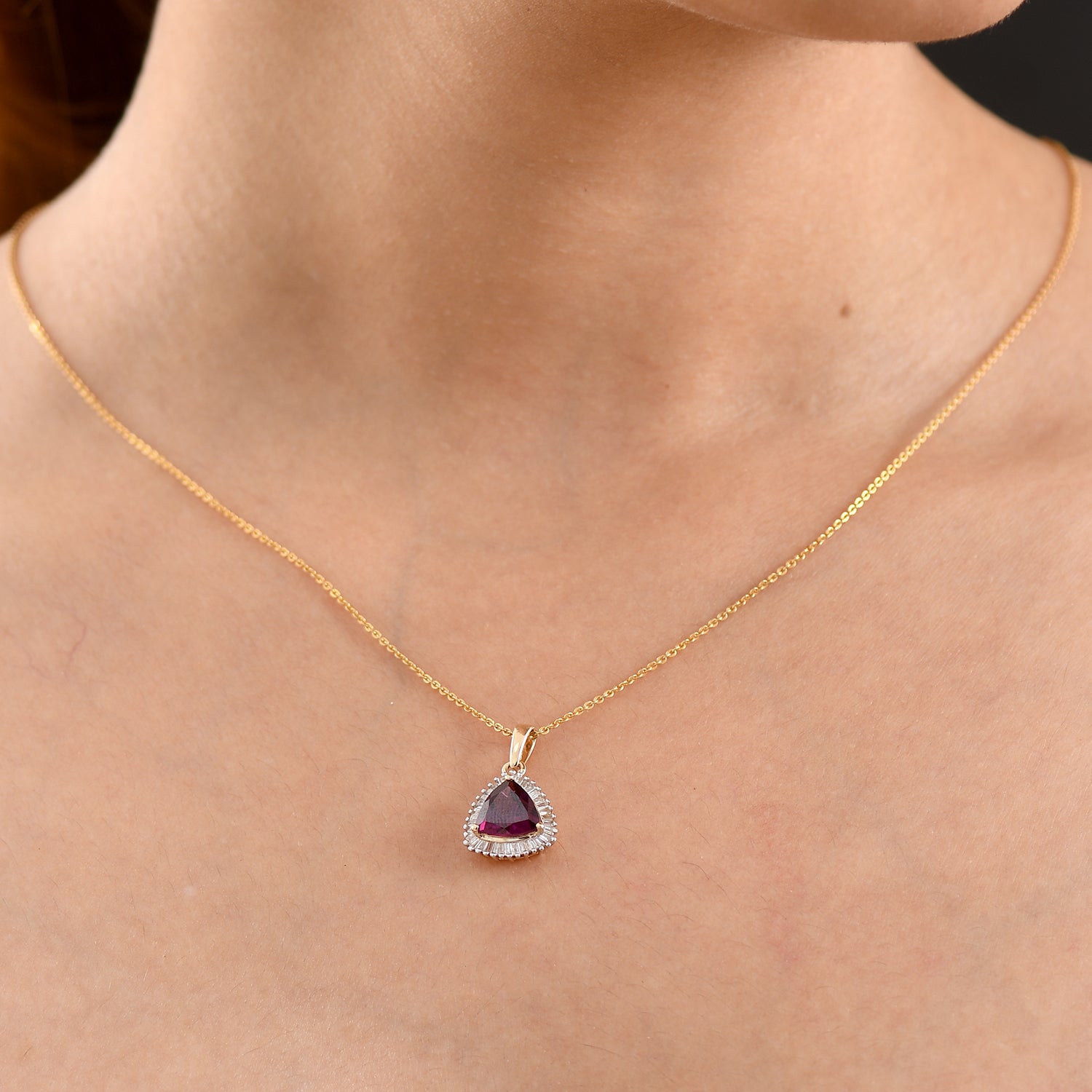 9K Yellow Gold AAA Natural Radiant Ember Garnet &amp; Natural White Diamond Trillion Cut Halo Pendant 2.30 Ct. 8500918 2