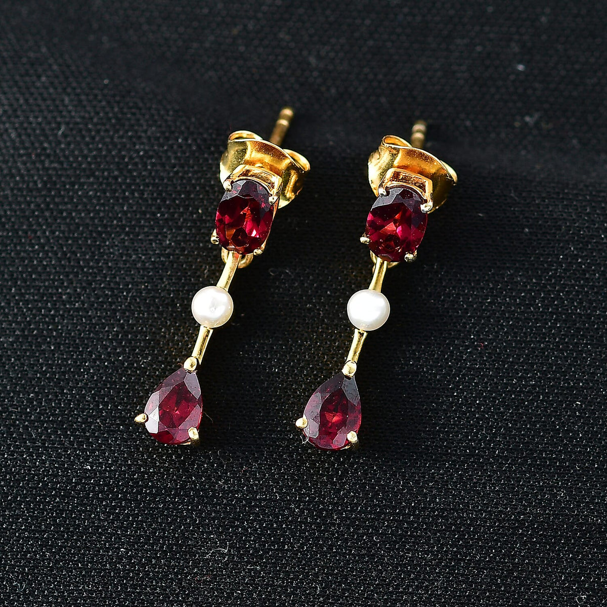 D'Joy - Rhodolite Garnet &amp; Fresh Water Pearl Dangling Earring with Push Back in Yellow Gold Plated Sterling Silver 2.56 Ct. V32528857 3