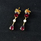 D'Joy - Rhodolite Garnet & Fresh Water Pearl Dangling Earring with Push Back in Yellow Gold Plated Sterling Silver 2.56 Ct._8500925_2