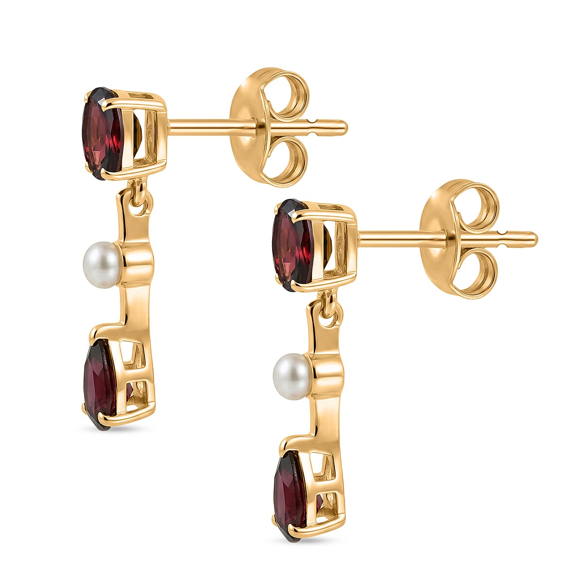 D'Joy - Rhodolite Garnet &amp; Fresh Water Pearl Dangling Earring with Push Back in Yellow Gold Plated Sterling Silver 2.56 Ct. V32528857 4