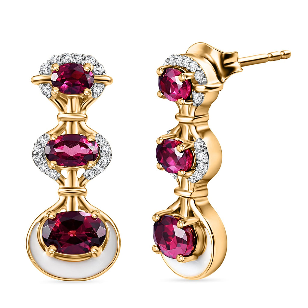 D'Joy Rhodolite Garnet & White Zircon Vertical Drop Push Post Earring in Yellow Gold Plated Sterling Silver 2.42 Ct._8500928