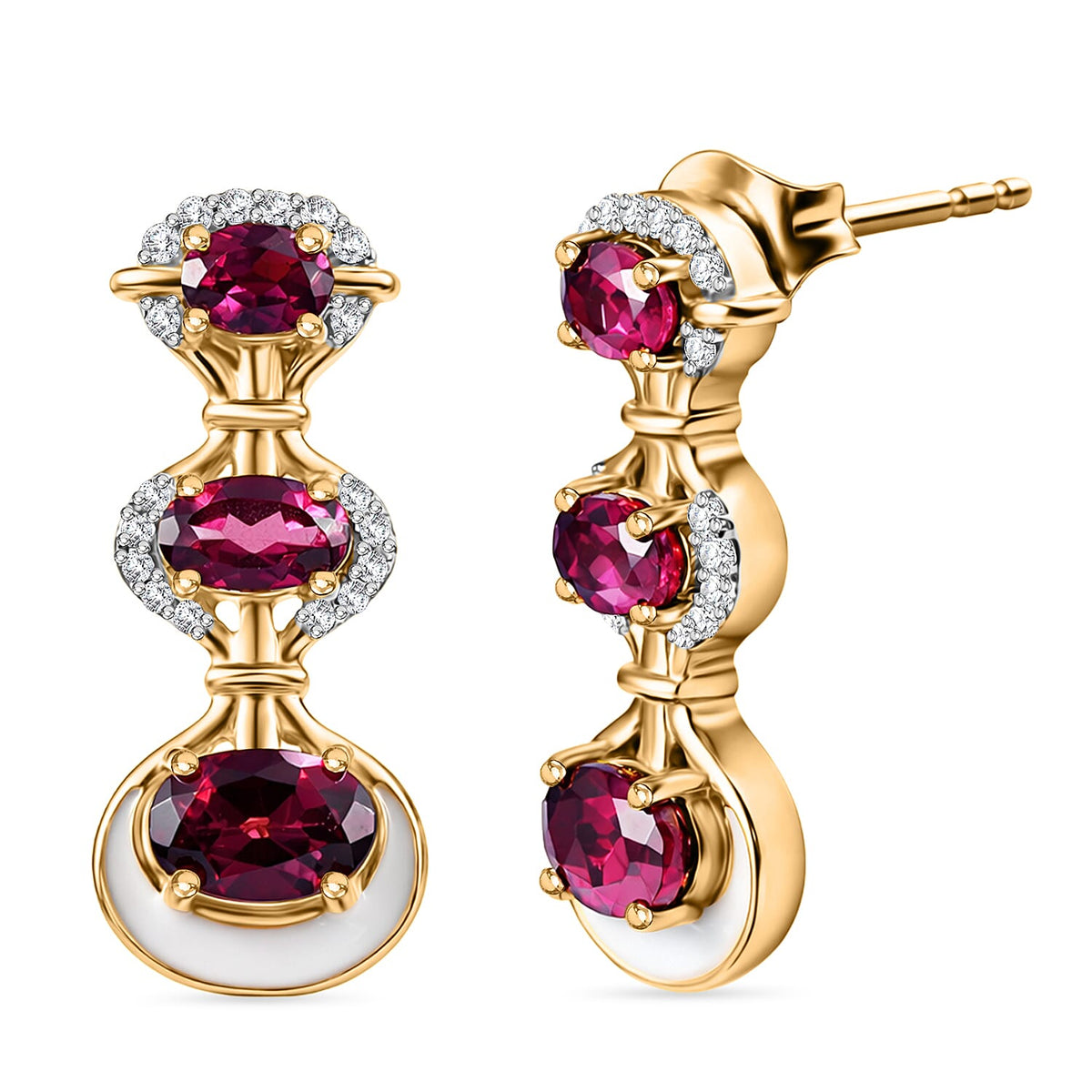 D'Joy Rhodolite Garnet &amp; White Zircon Vertical Drop Push Post Earring in Yellow Gold Plated Sterling Silver 2.42 Ct. 8500928 0