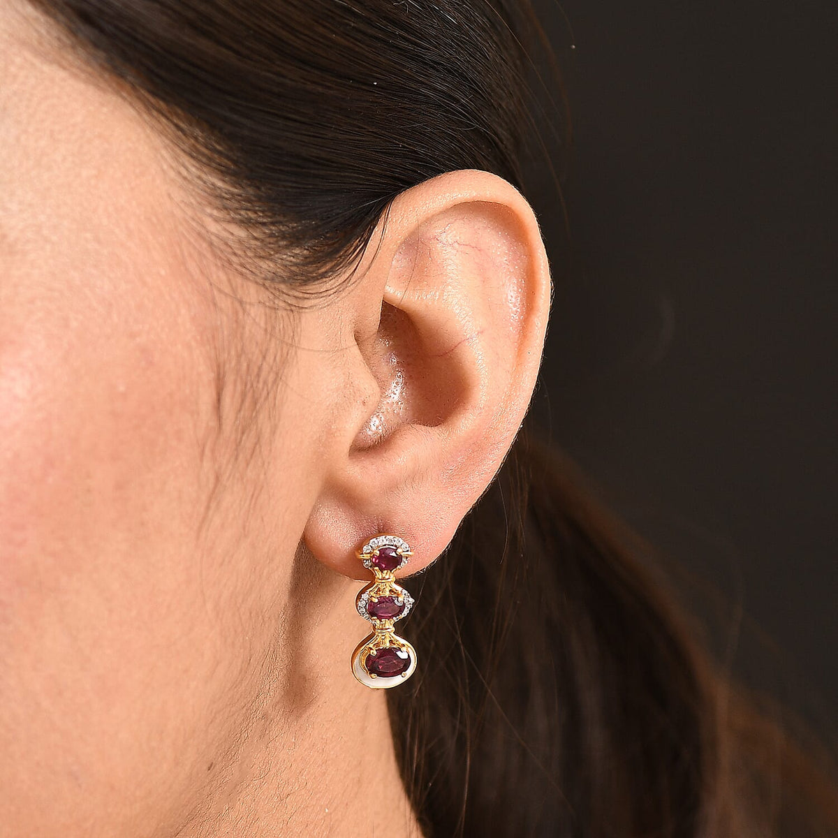 D'Joy Rhodolite Garnet &amp; White Zircon Vertical Drop Push Post Earring in Yellow Gold Plated Sterling Silver 2.42 Ct. 8500928 2