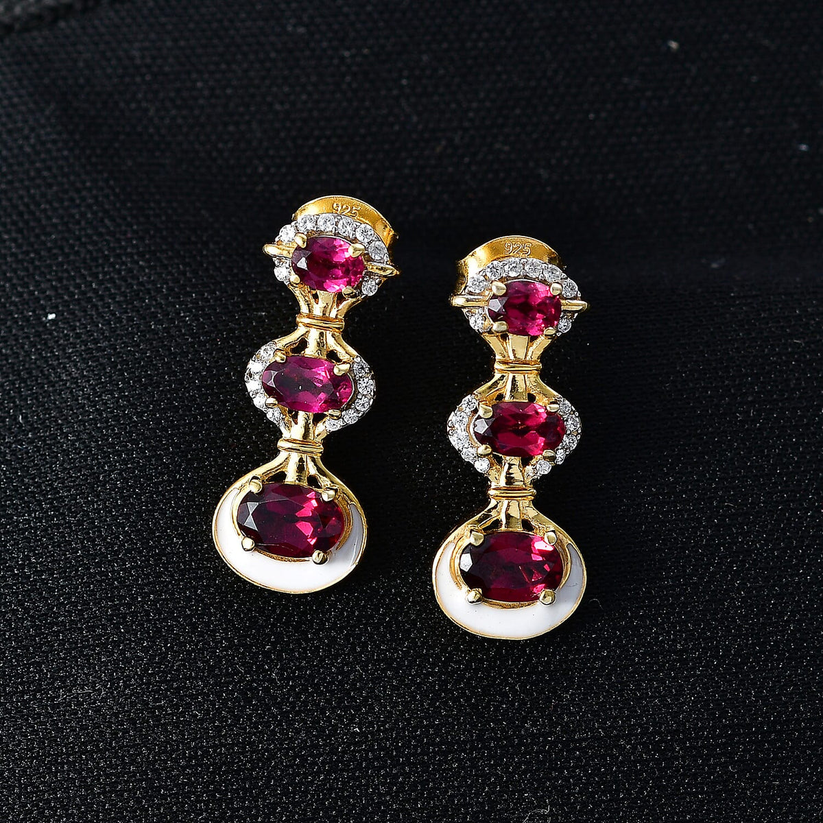 D'Joy Rhodolite Garnet &amp; White Zircon Vertical Drop Push Post Earring in Yellow Gold Plated Sterling Silver 2.42 Ct. 8500928 3