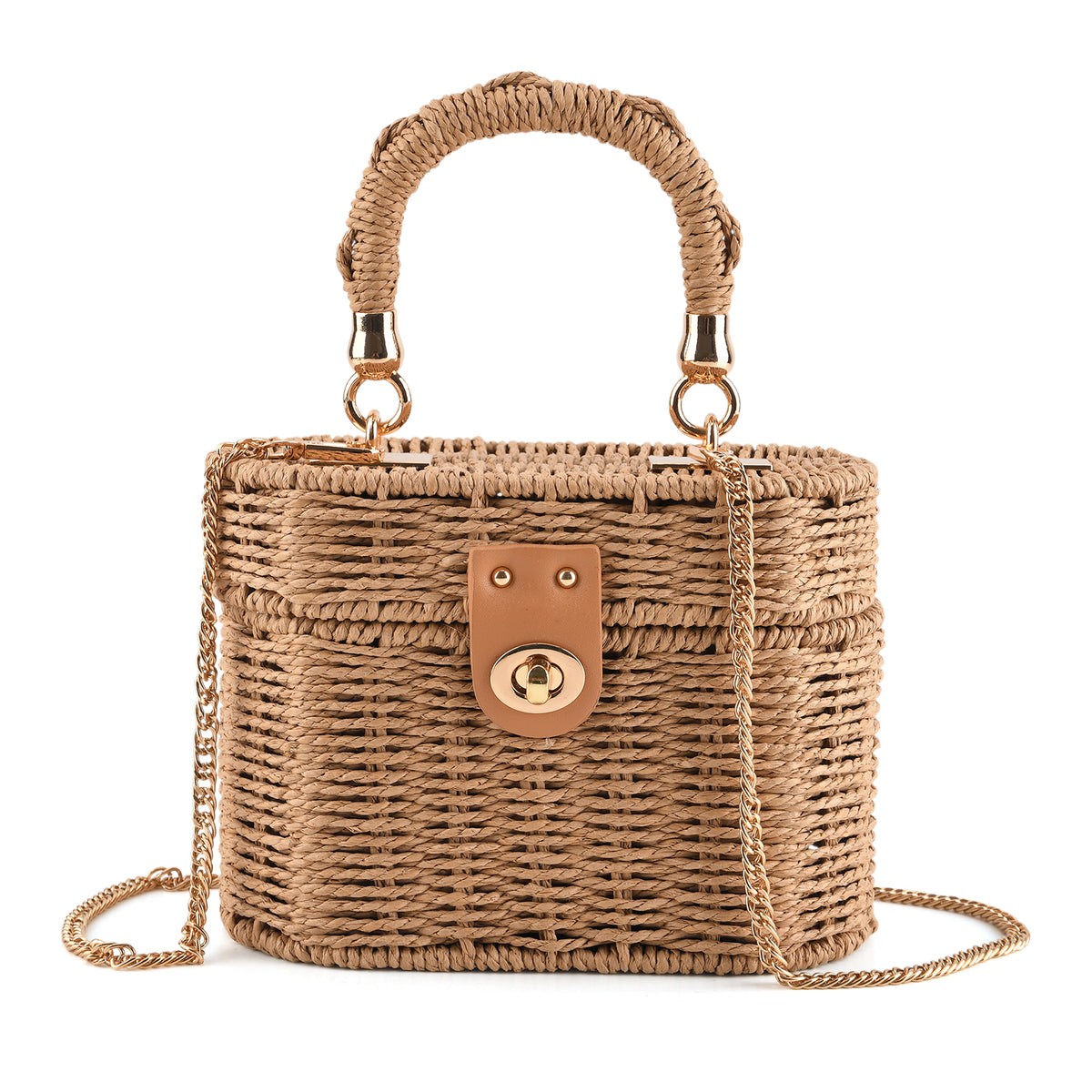 Vintage Style Straw Box Bag with Twist-Lock Clasp &amp; Gold Chain Strap - Brown 8501161 0