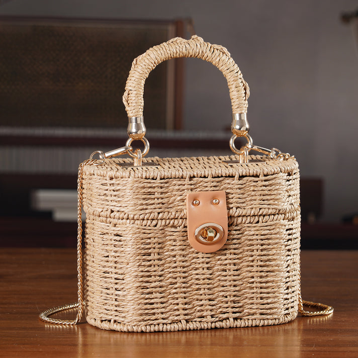 Vintage Style Straw Box Bag with Twist-Lock Clasp &amp; Gold Chain Strap - Green. 8501160 2