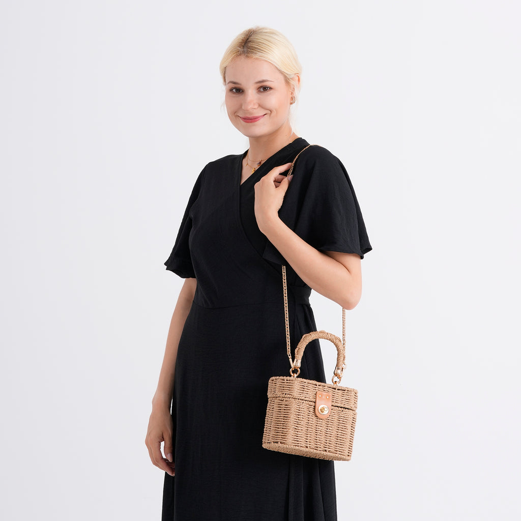 Vintage Style Straw Box Bag with Twist-Lock Clasp & Gold Chain Strap - Brown_8501161_2
