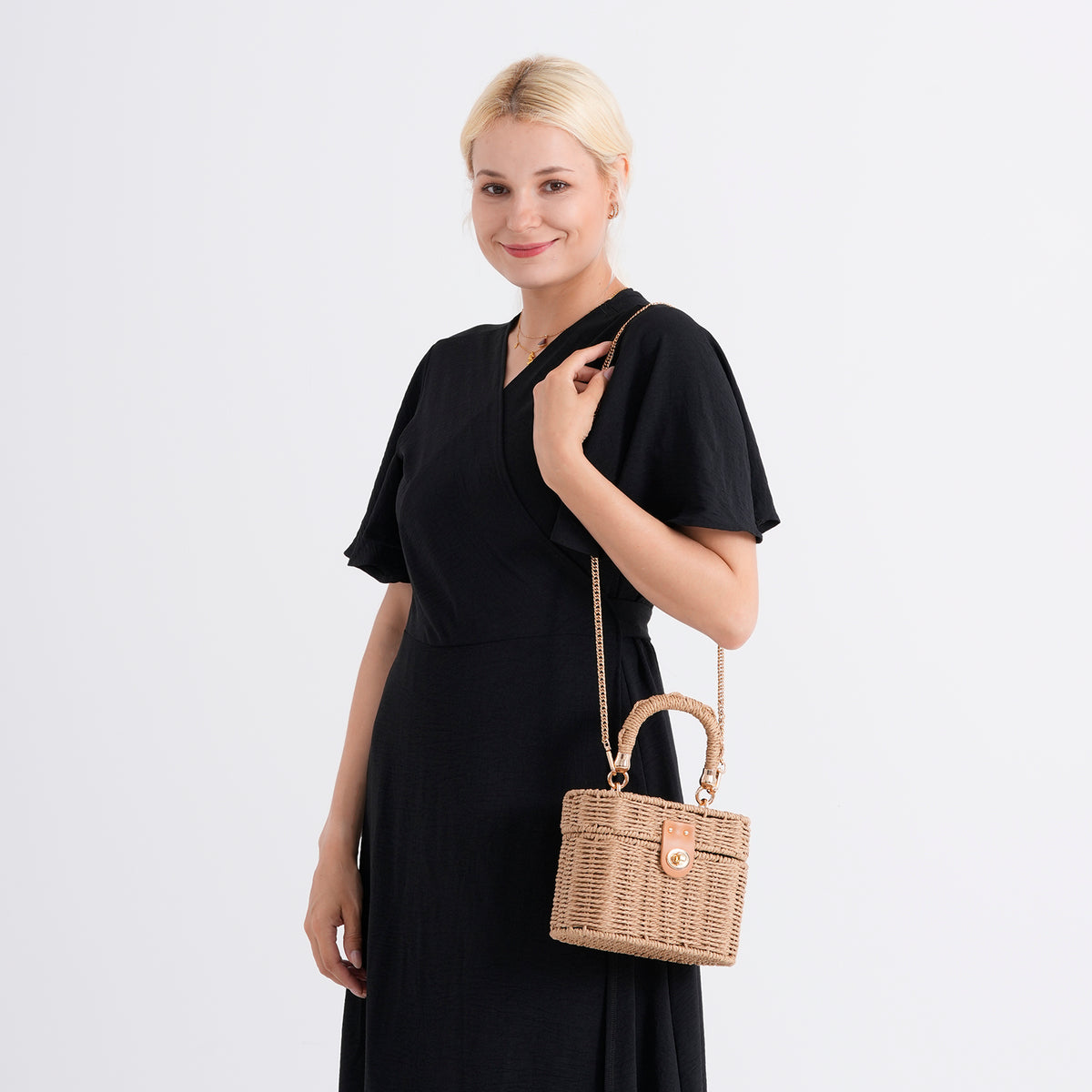 Vintage Style Straw Box Bag with Twist-Lock Clasp &amp; Gold Chain Strap - Brown 8501161 3