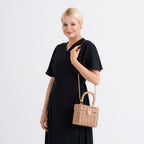 Vintage Style Straw Box Bag with Twist-Lock Clasp & Gold Chain Strap - Brown_8501161_2