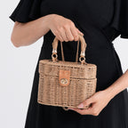 Vintage Style Straw Box Bag with Twist-Lock Clasp & Gold Chain Strap - Brown_8501161_3