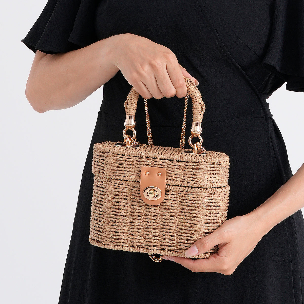 Vintage Style Straw Box Bag with Twist-Lock Clasp &amp; Gold Chain Strap - Brown 8501161 4