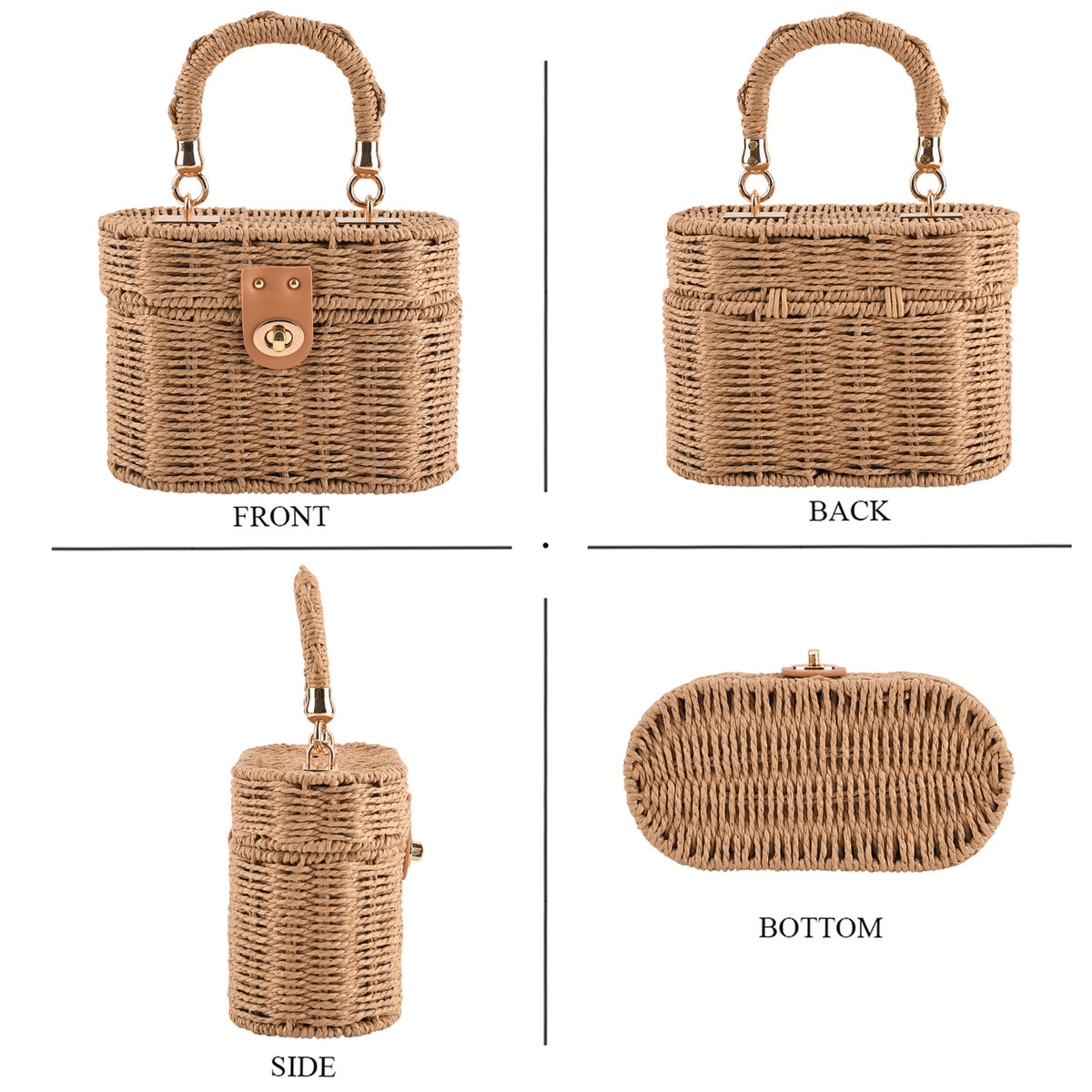 Vintage Style Straw Box Bag with Twist-Lock Clasp &amp; Gold Chain Strap - Brown 8501161 5
