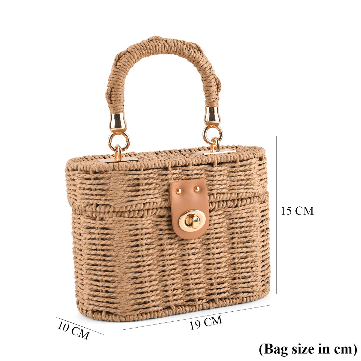 Vintage Style Straw Box Bag with Twist-Lock Clasp &amp; Gold Chain Strap - Brown 8501161 7