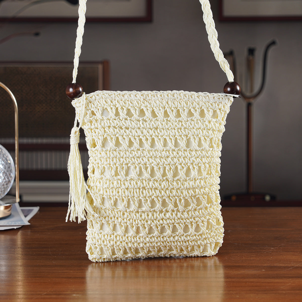 Striped Crochet Messenger Crossbody Bag - Cream V32667776 2