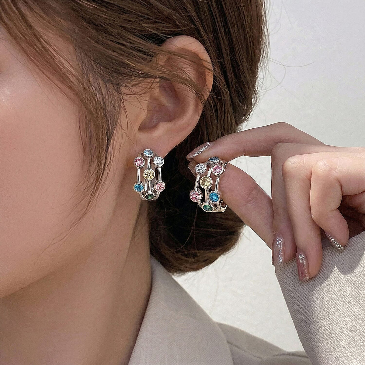 LUXURIANT 2 Ct. Multi Colour Lab Grown Diamond Hoop Earrings in Rhodium Overlay Sterling Silver V32516822 3
