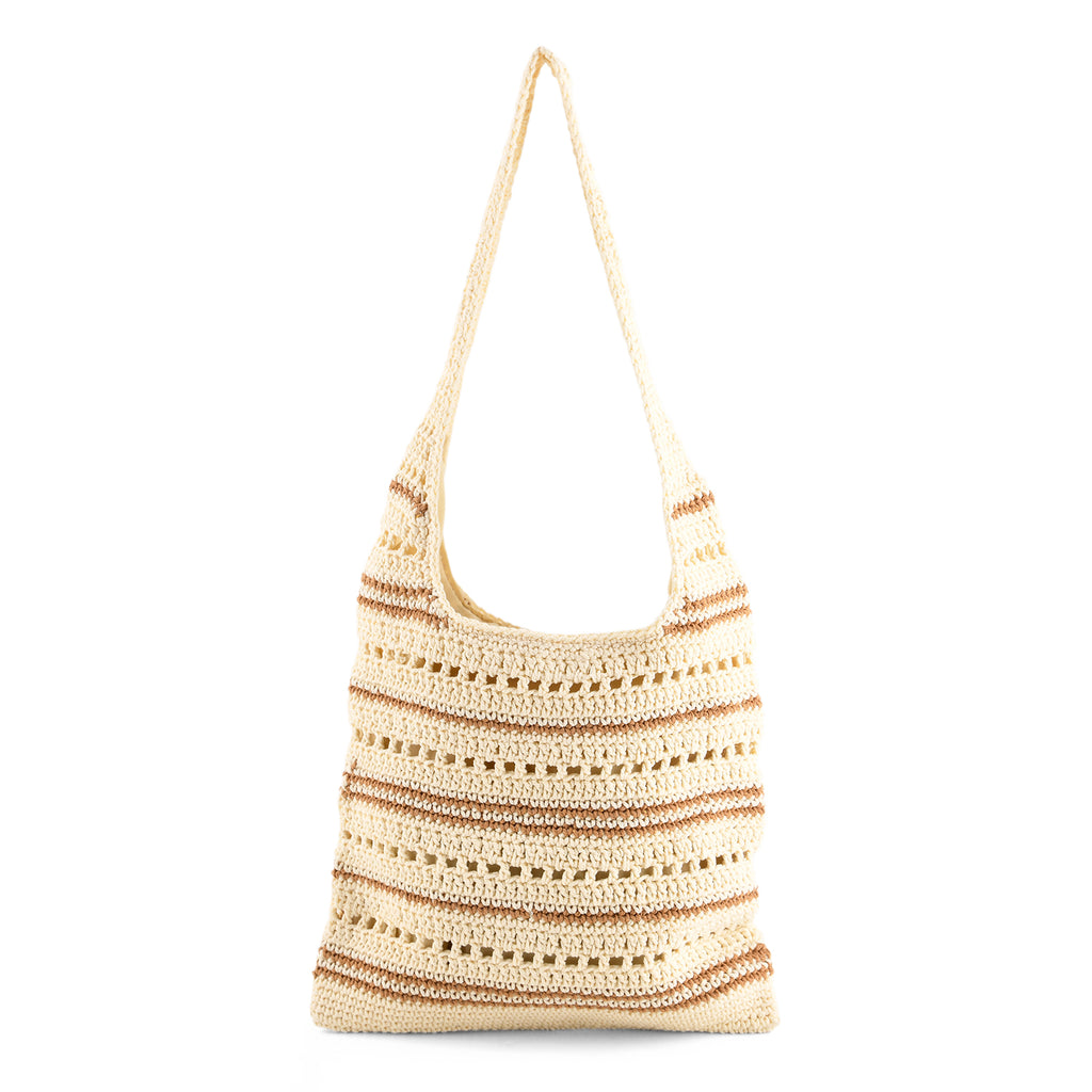Striped Crochet Design Slouchy Tote Bag - Cream & Brown_8501466