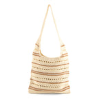 Striped Crochet Design Slouchy Tote Bag - Cream & Brown_8501466