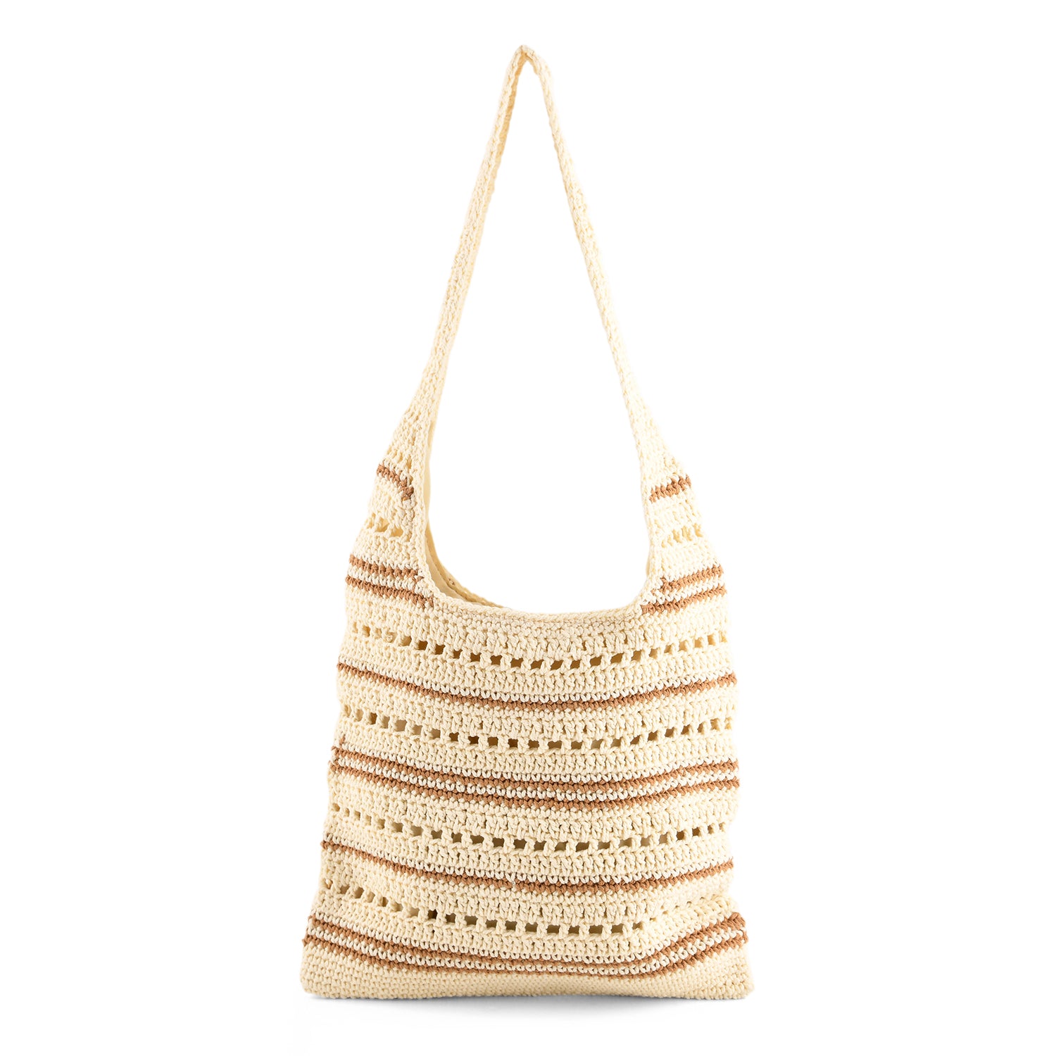 Striped Crochet Design Slouchy Tote Bag - Cream &amp; Brown V32516674 0