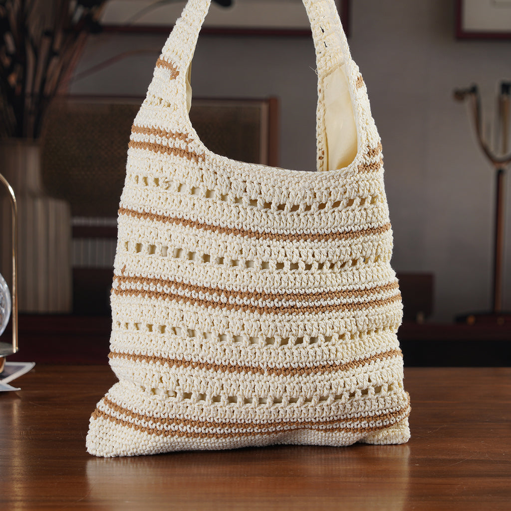 Striped Crochet Design Slouchy Tote Bag - Cream & Brown_8501466_1