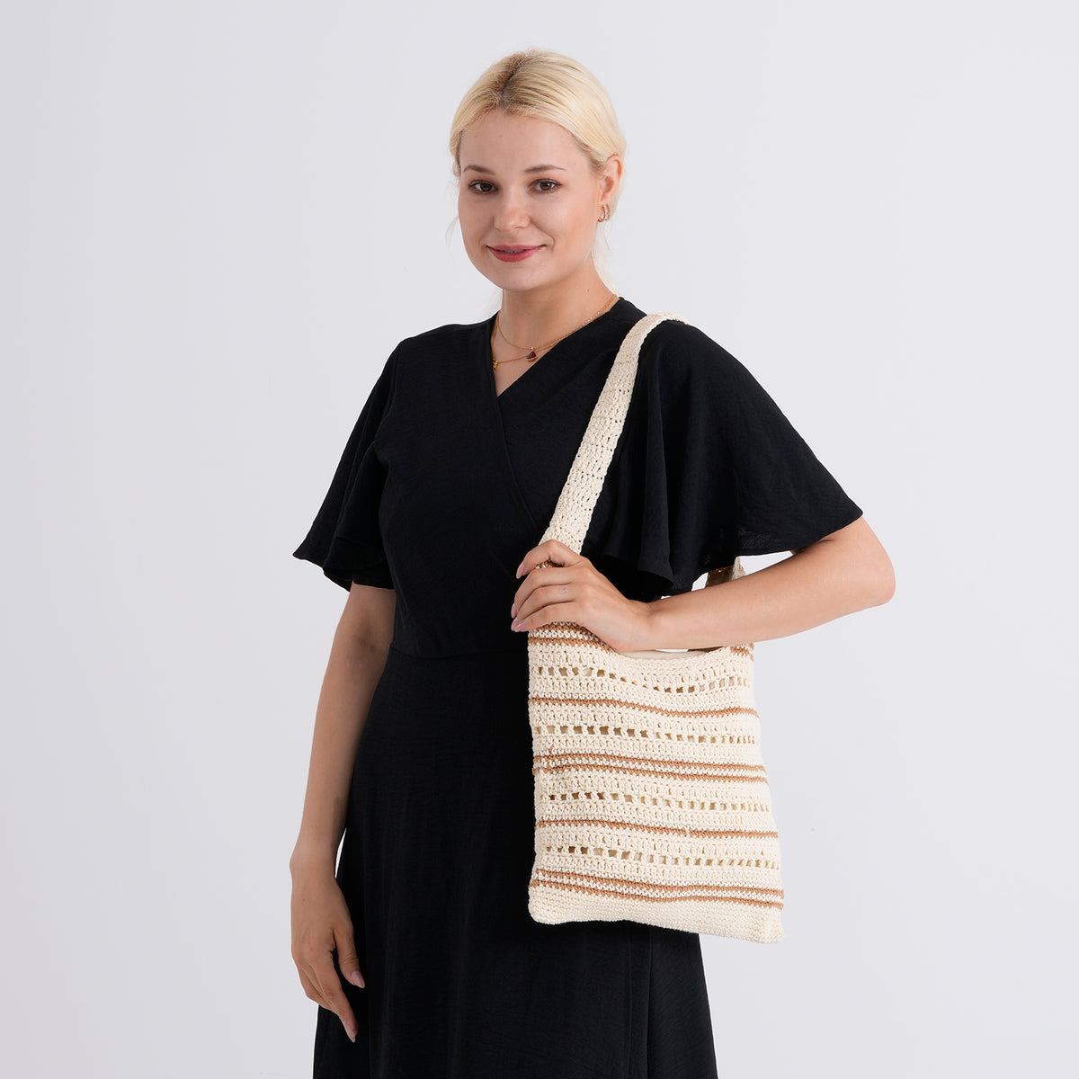Striped Crochet Design Slouchy Tote Bag - Cream &amp; Brown V32516674 3