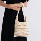 Striped Crochet Design Slouchy Tote Bag - Cream & Brown_8501466_3