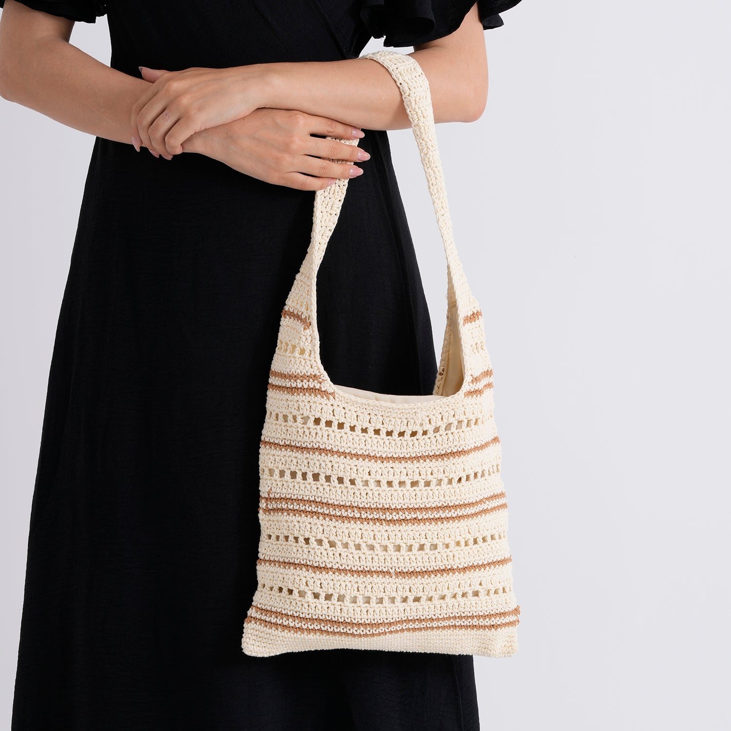 Striped Crochet Design Slouchy Tote Bag - Cream &amp; Brown V32516674 4