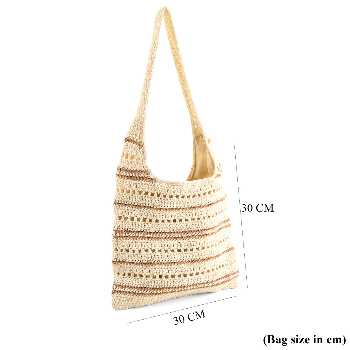 Striped Crochet Design Slouchy Tote Bag - Cream &amp; Brown V32516674 8