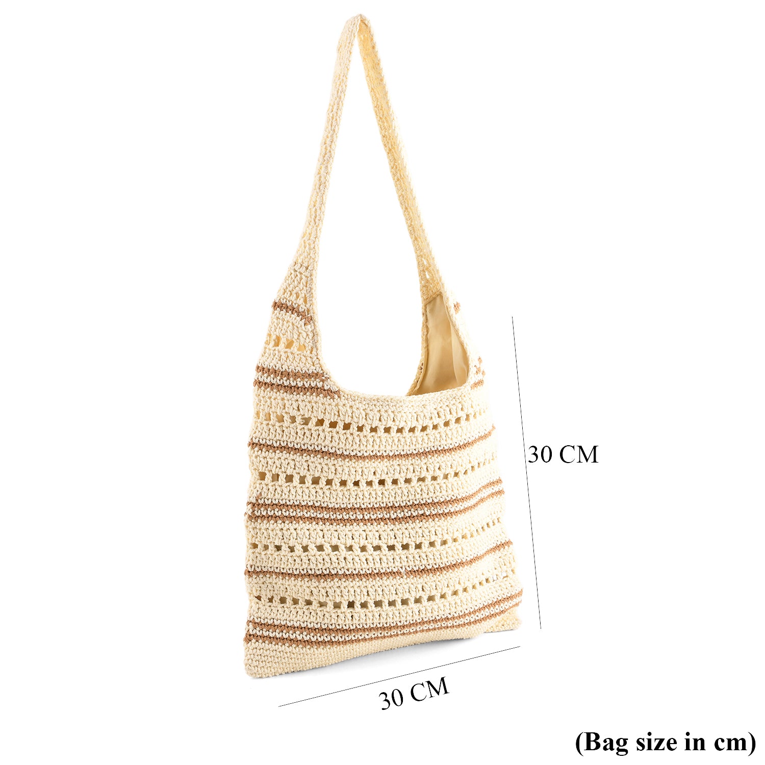 Striped Crochet Design Slouchy Tote Bag - Cream &amp; Brown V32516674 8