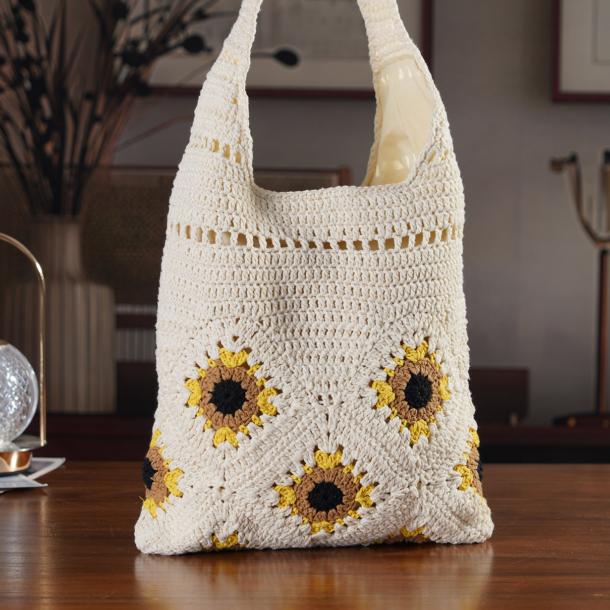 Floral Crochet Slouchy Tote Bag - Cream V32513183 2