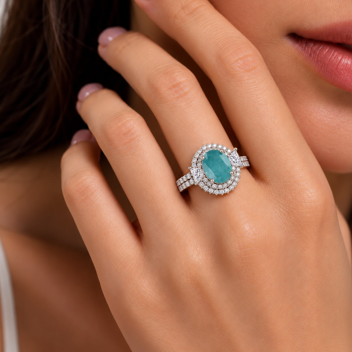 Certified and Appraised D'Joy Grandidierite, Moissanite Main Stone With Surrounding Stone Ring in Rhodium Overlay Sterling Silver, Silver Wt.5.36 Gms 4.300 Ct. 8501742 2