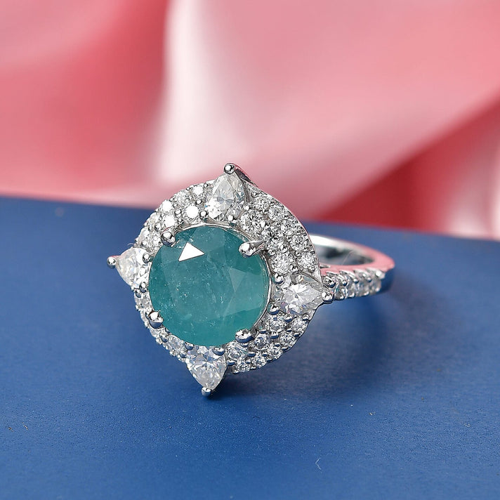 Certified and Appraised D'Joy Grandidierite, Moissanite Fancy Ring in Rhodium Overlay Sterling Silver 4.420 Ct. 8501751 2