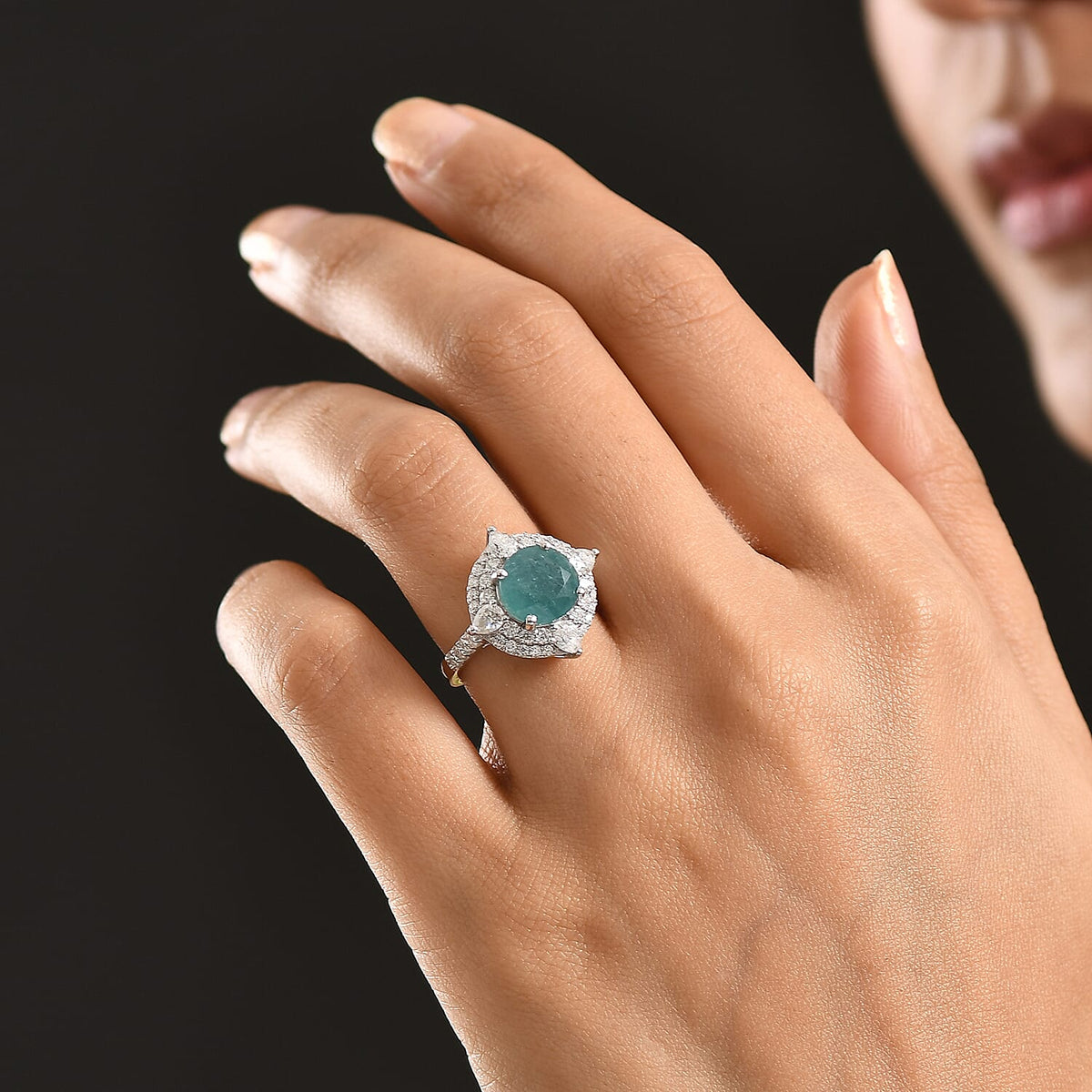 Certified and Appraised D'Joy Grandidierite, Moissanite Fancy Ring in Rhodium Overlay Sterling Silver 4.420 Ct. 8501751 3