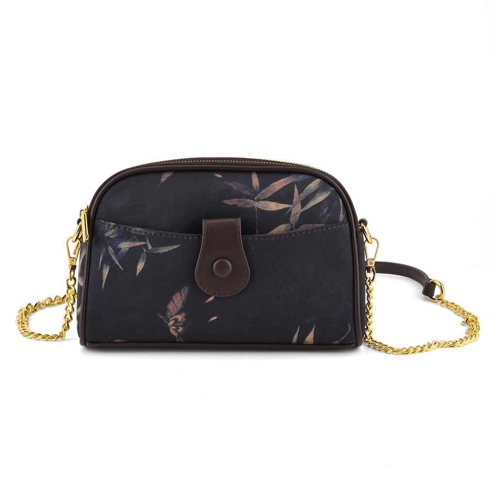Floral Embroidered Crossbody Sling Bag with Chain Strap - Black_8501930