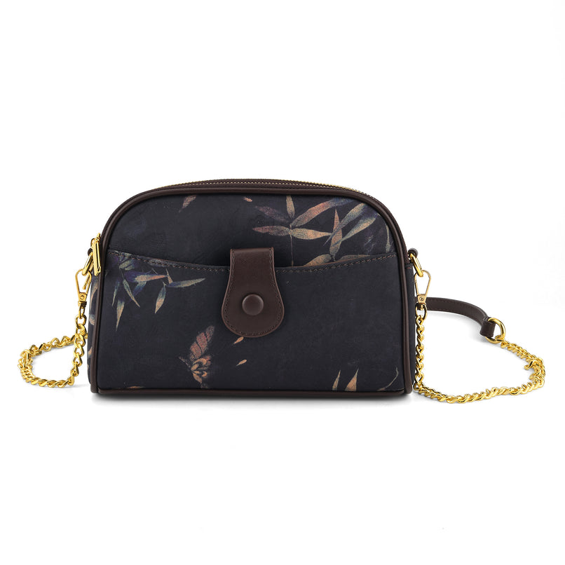 Floral Embroidered Crossbody Sling Bag with Chain Strap - Black_8501930