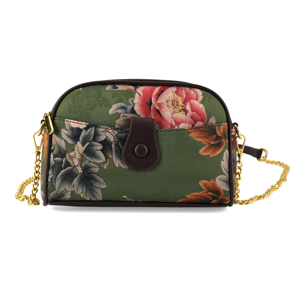 Floral Embroidered Crossbody Sling Bag with Chain Strap - Dark Green_8501931