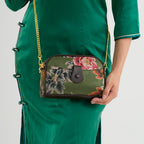Floral Embroidered Crossbody Sling Bag with Chain Strap - Dark Green_8501931_3