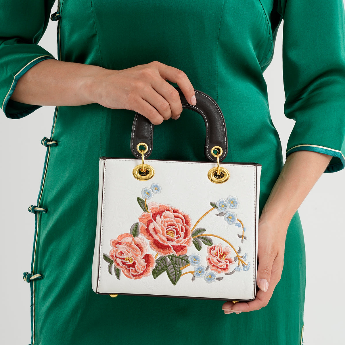 Designer Closeout Mega Clearance Deal - Multi-colour Floral Embroidered Crossbody Top Handle Bag with Shoulder Strap - White V32579874 2