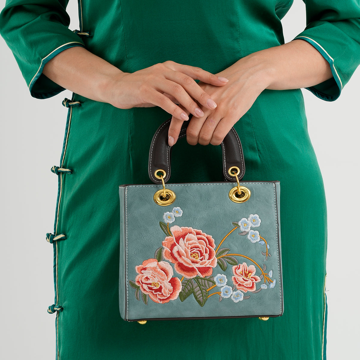 Designer Closeout Mega Clearance Deal - Multi-colour Floral Embroidered Crossbody Top Handle Bag with Shoulder Strap - Teal V32635909 3