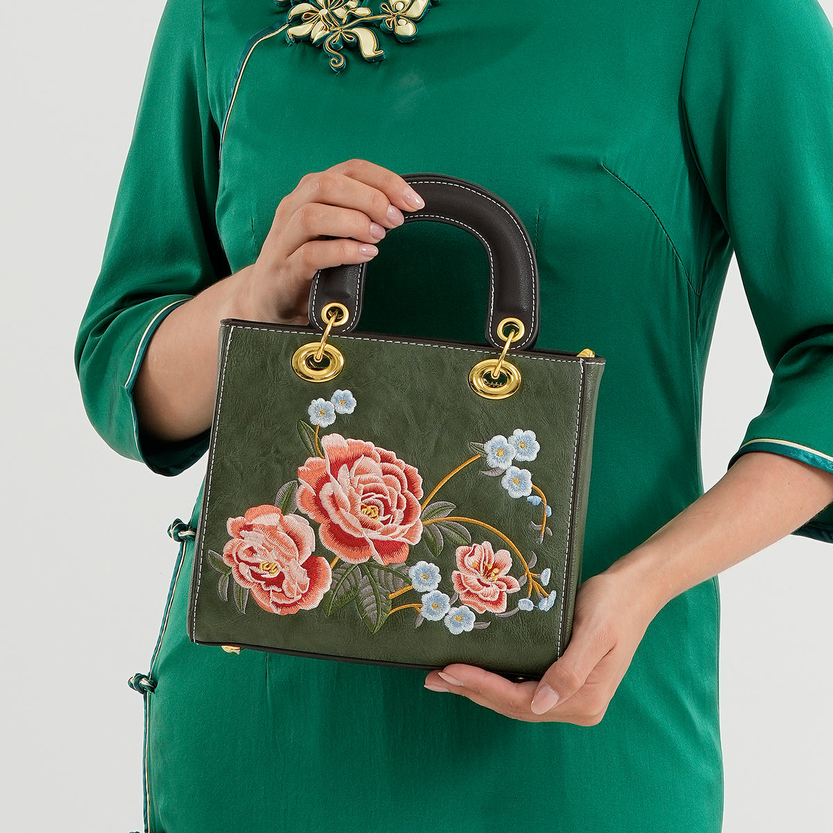 Designer Closeout Mega Clearance Deal - Multi-colour Floral Embroidered Crossbody Top Handle Bag with Shoulder Strap - Green V32638497 3
