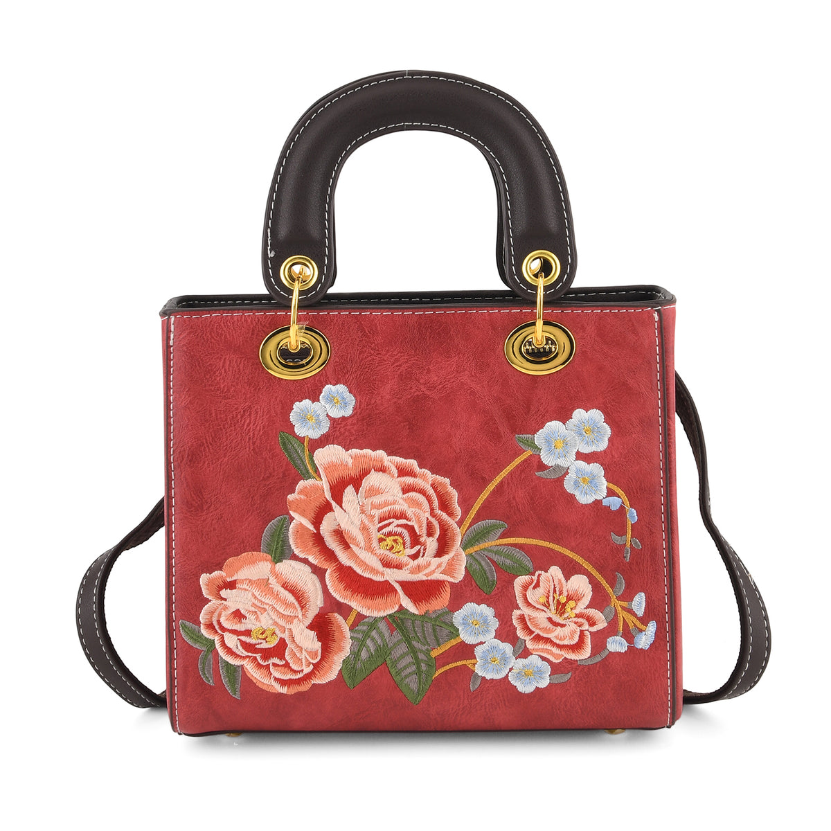 Designer Closeout Mega Clearance Deal - Multi-colour Floral Embroidered Crossbody Top Handle Bag with Shoulder Strap - Red V32579633 0