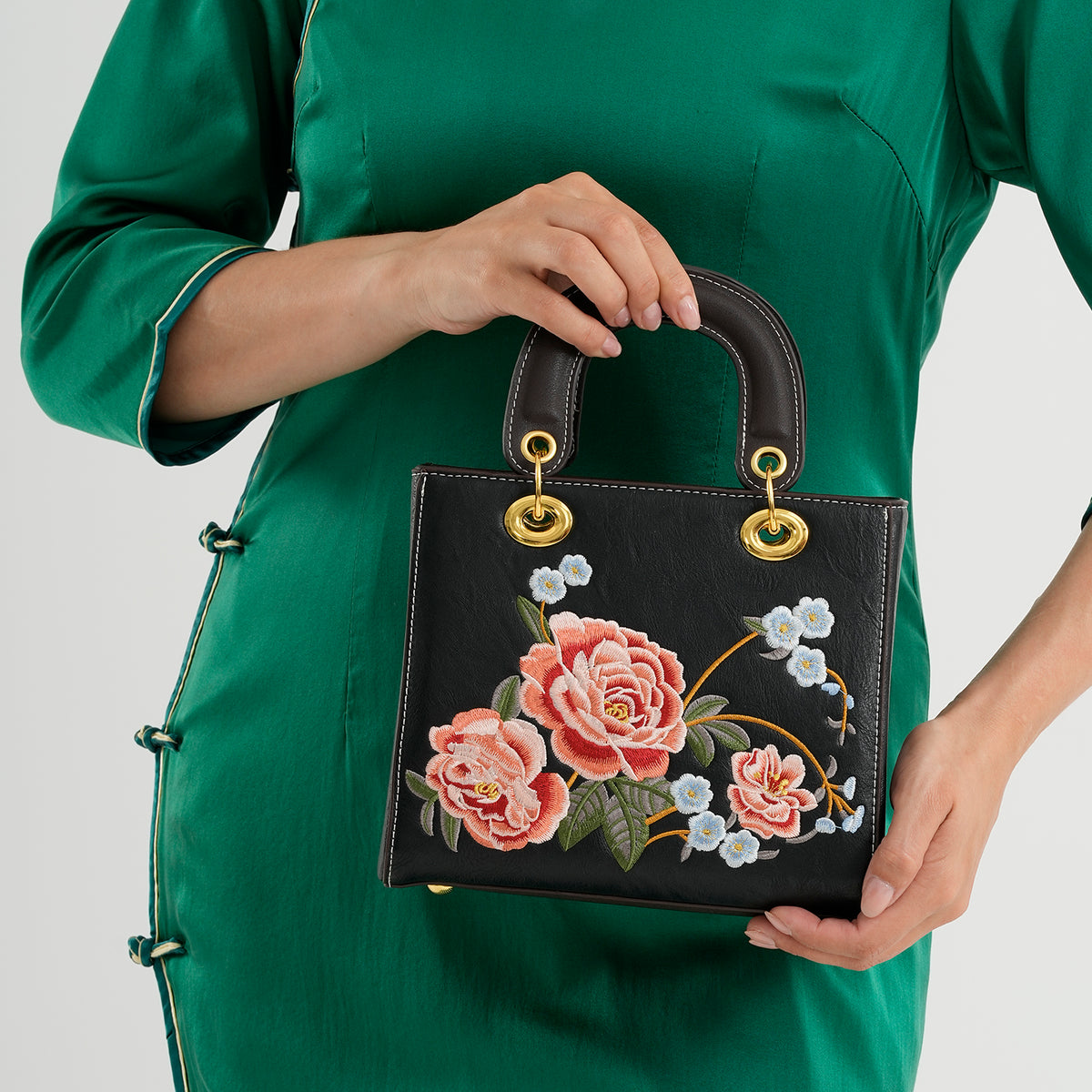 Designer Closeout Mega Clearance Deal - Multi-colour Floral Embroidered Crossbody Top Handle Bag with Shoulder Strap - Black V32580556 2