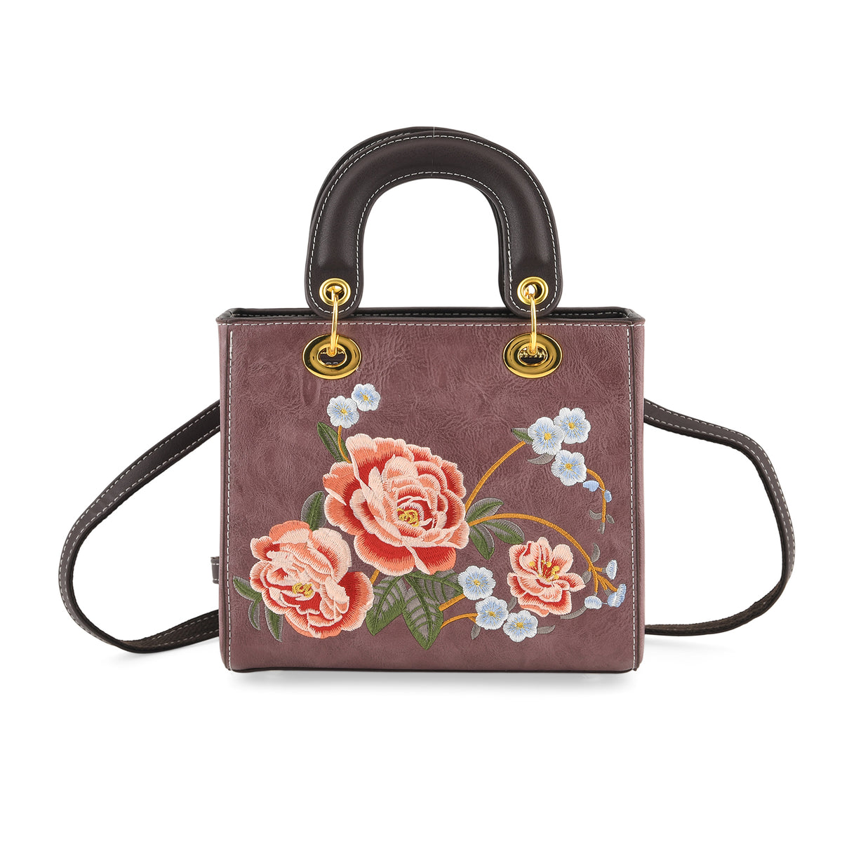 Designer Closeout Mega Clearance Deal - Multi-colour Floral Embroidered Crossbody Top Handle Bag with Shoulder Strap - Plum V32580094 0
