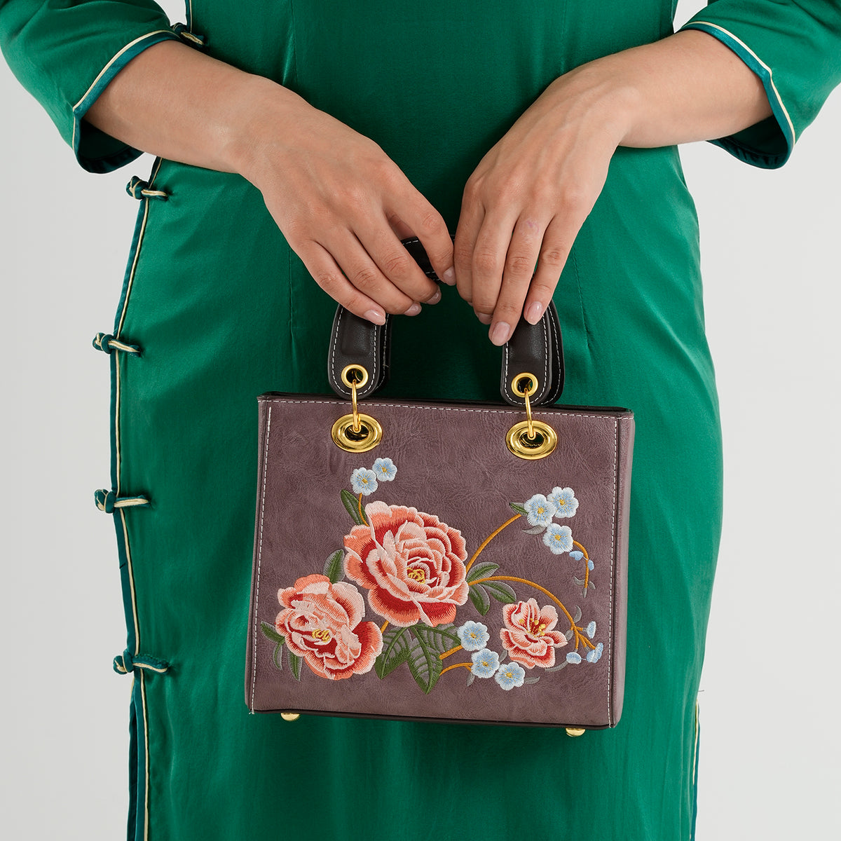 Designer Closeout Mega Clearance Deal - Multi-colour Floral Embroidered Crossbody Top Handle Bag with Shoulder Strap - Plum V32580094 2